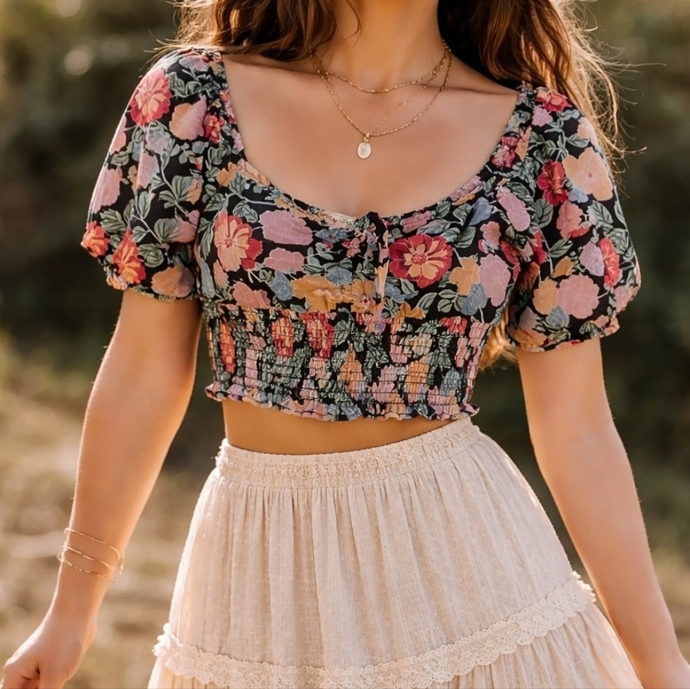 B.O.G Collective Floral Smocked Crop Top Boho Puff Sleeve Cottagecore Medium